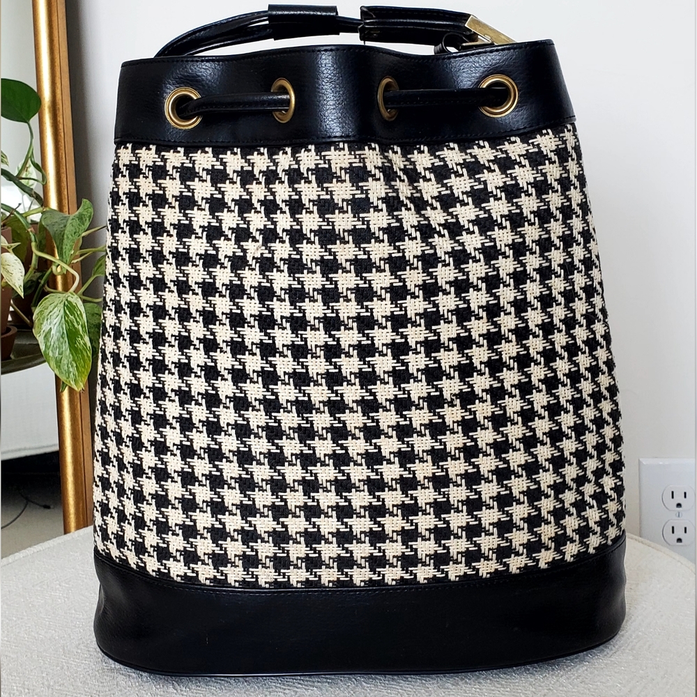RARE Original Sarne Japan 1950's Black/Cream Houndstooth Travel Bucket Bag, EUC